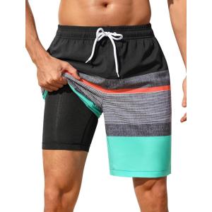 image:imageSILKWORLD Mens Swim Trunks with Compression Liner 2 in 1 Quick Dry Bathing Suit NoChafing Beach Shorts with Zipper PocketsStripes aBlack Charcoal  Teal