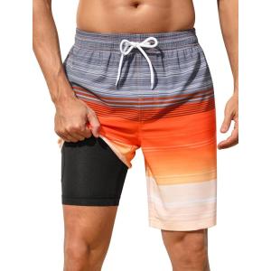 image:imageSILKWORLD Mens Swim Trunks with Compression Liner 2 in 1 Quick Dry Bathing Suit NoChafing Beach Shorts with Zipper PocketsStripes aGrey Orange Gradient