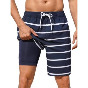 image:imageSILKWORLD Mens Swim Trunks with Compression Liner 2 in 1 Quick Dry Bathing Suit NoChafing Beach Shorts with Zipper PocketsStripes aMidnight Navy White
