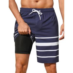 image:imageSILKWORLD Mens Swim Trunks with Compression Liner 2 in 1 Quick Dry Bathing Suit NoChafing Beach Shorts with Zipper PocketsStripes aNavy White