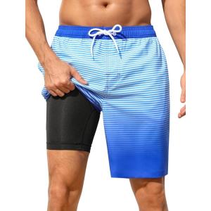 image:imageSILKWORLD Mens Swim Trunks with Compression Liner 2 in 1 Quick Dry Bathing Suit NoChafing Beach Shorts with Zipper PocketsStripes aOcean Blue Gradient