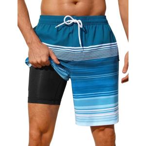 image:imageSILKWORLD Mens Swim Trunks with Compression Liner 2 in 1 Quick Dry Bathing Suit NoChafing Beach Shorts with Zipper PocketsStripes aPeacock Blue Ombre