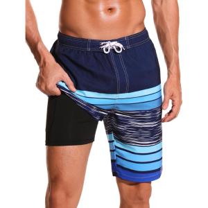 image:imageSILKWORLD Mens Swim Trunks with Compression Liner Quick Dry Board Shorts 9 Stretch Bathing Suits with 4Hole WaistbandP01 Navy Blue Stripes