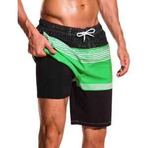image:imageSILKWORLD Mens Swim Trunks with Compression Liner Quick Dry Board Shorts 9 Stretch Bathing Suits with 4Hole WaistbandP04 Black Green White Stripes
