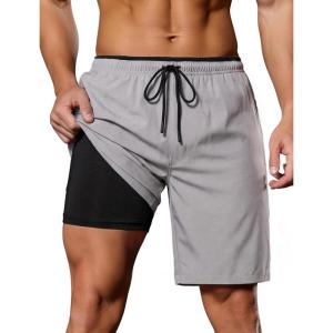 image:imageSILKWORLD Quick Dry 2 in 1 Mens Running Shorts with Zipper Pockets Drawstring Workout Shorts Lightweight Gym Athletic ShortsA01 Light Grey