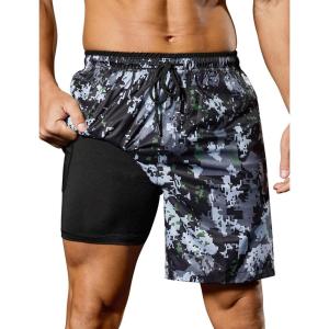 image:imageSILKWORLD Quick Dry 2 in 1 Mens Running Shorts with Zipper Pockets Drawstring Workout Shorts Lightweight Gym Athletic ShortsP04camo