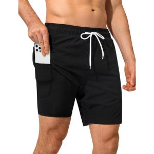 image:imageSILKWORLD Quick Dry Mens Swim Trunks with Compression Liner 7 inch Seesucker Bathing Suit Casual Shorts for Pool BeachBlack