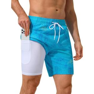 image:imageSILKWORLD Quick Dry Mens Swim Trunks with Compression Liner 7 inch Seesucker Bathing Suit Casual Shorts for Pool BeachBlue Tropical Plants