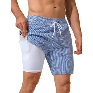 image:imageSILKWORLD Quick Dry Mens Swim Trunks with Compression Liner 7 inch Seesucker Bathing Suit Casual Shorts for Pool BeachBlue White Strip
