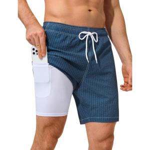 image:imageSILKWORLD Quick Dry Mens Swim Trunks with Compression Liner 7 inch Seesucker Bathing Suit Casual Shorts for Pool BeachCopenblue Vertical Strip