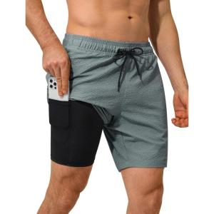 image:imageSILKWORLD Quick Dry Mens Swim Trunks with Compression Liner 7 inch Seesucker Bathing Suit Casual Shorts for Pool BeachGray