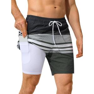 image:imageSILKWORLD Quick Dry Mens Swim Trunks with Compression Liner 7 inch Seesucker Bathing Suit Casual Shorts for Pool BeachGraywhite Horizontal Stripe