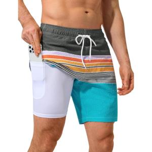 image:imageSILKWORLD Quick Dry Mens Swim Trunks with Compression Liner 7 inch Seesucker Bathing Suit Casual Shorts for Pool BeachMulticolor Horizontal Stripes