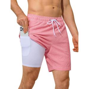 image:imageSILKWORLD Quick Dry Mens Swim Trunks with Compression Liner 7 inch Seesucker Bathing Suit Casual Shorts for Pool BeachRed Pink Vertical Stripe