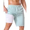 image:imageSILKWORLD Mens Swim Trunks with Compression Liner Quick Dry Bathing Suit 9 Swimming Beach Shorts with Zip Cargo PocketLight Green Vertical Stripes