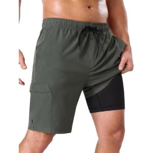 image:imageSILKWORLD Mens Swim Trunks with Compression Liner Quick Dry Bathing Suit 9 Swimming Beach Shorts with Zip Cargo PocketArmy Green