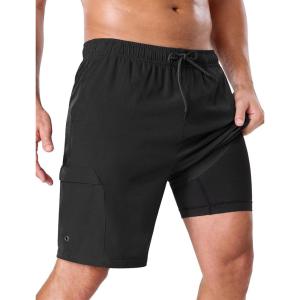 image:imageSILKWORLD Mens Swim Trunks with Compression Liner Quick Dry Bathing Suit 9 Swimming Beach Shorts with Zip Cargo PocketBlack