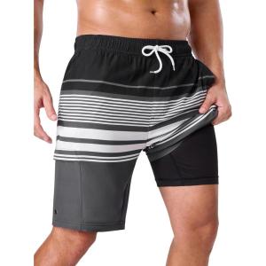 image:imageSILKWORLD Mens Swim Trunks with Compression Liner Quick Dry Bathing Suit 9 Swimming Beach Shorts with Zip Cargo PocketBlackwhitegray Stripes