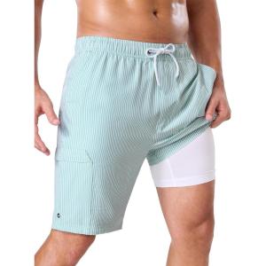 image:imageSILKWORLD Mens Swim Trunks with Compression Liner Quick Dry Bathing Suit 9 Swimming Beach Shorts with Zip Cargo PocketLight Green Vertical Stripes