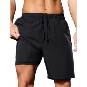 image:imageSILKWORLD Quick Dry Mens 2 in 1 Running Shorts with Zip Pocket 7 Workout Gym Athletic Shorts Lightweight Training ShortsBlack
