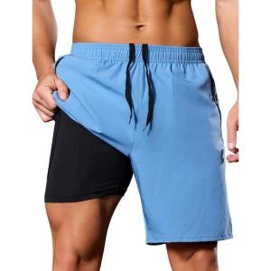image:imageSILKWORLD Quick Dry Mens 2 in 1 Running Shorts with Zip Pocket 7 Workout Gym Athletic Shorts Lightweight Training ShortsCb Blue