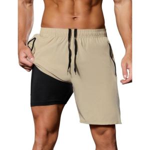image:imageSILKWORLD Quick Dry Mens 2 in 1 Running Shorts with Zip Pocket 7 Workout Gym Athletic Shorts Lightweight Training ShortsKhaki