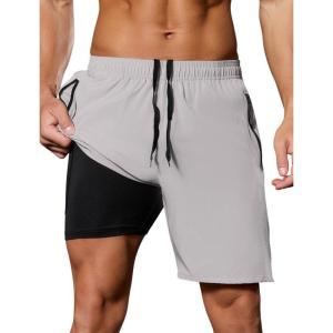 image:imageSILKWORLD Quick Dry Mens 2 in 1 Running Shorts with Zip Pocket 7 Workout Gym Athletic Shorts Lightweight Training ShortsLight Grey