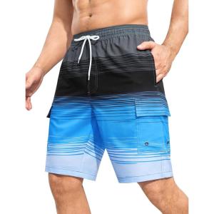 image:imageSILKWORLD Mens 9 Swim Trunks Quick Dry Mens Bathing Suit Mesh Lining Board Shorts with PocketsBlue Black Stripe