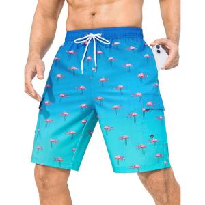 image:imageSILKWORLD Mens 9 Swim Trunks Quick Dry Mens Bathing Suit Mesh Lining Board Shorts with PocketsFlamingo on Blue