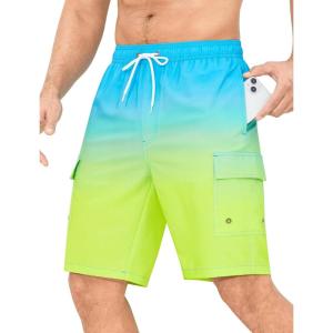 image:imageSILKWORLD Mens 9 Swim Trunks Quick Dry Mens Bathing Suit Mesh Lining Board Shorts with PocketsYellow Green Gradient