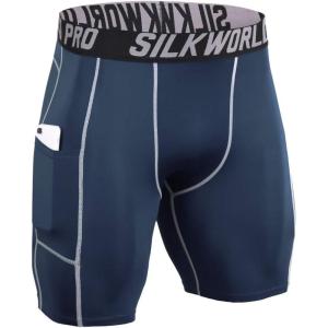 image:imageSILKWORLD Mens Compression Shorts Pockets Sports Running TightNavygrey StripePack of 1