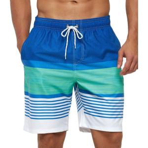 image:imageSILKWORLD Mens Swim Trunks with Compression Liner 2 in 1 Quick Dry Bathing Suit Beach Shorts with Zipper PocketsBlue white green