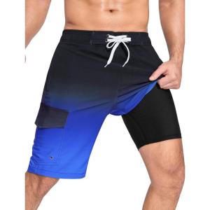 image:imageSILKWORLD Mens Swim Trunks with Compression Liner QuickDry 10 Stretch Beach ShortsBlack Blue Gradient