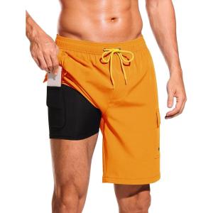 image:imageSILKWORLD Mens Swim Trunks with Compression Liner Quick Dry Bathing Suits 9 Inch Swimming Shorts with Cargo PocketsFlame Orange