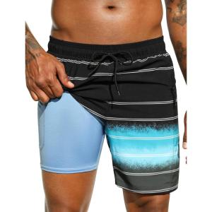 image:imageSILKWORLD 7 Inch Mens Swim Trunks with Compression Liner QuickDry Bathing Suit with Zipper PocketsBlack Aqua Fade