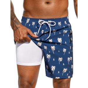 image:imageSILKWORLD 7 Inch Mens Swim Trunks with Compression Liner QuickDry Bathing Suit with Zipper PocketsPalm Tree