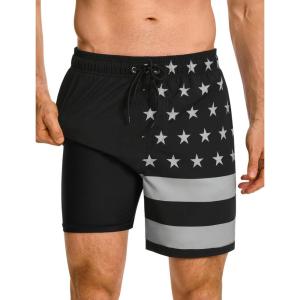 image:imageSILKWORLD Mens Swim Trunks Quick Dry Compression Liner 2 in 1 Shorts Men SwimsuitAmerican Flag Stripes