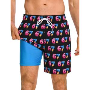 image:imageSILKWORLD Mens Swim Trunks Quick Dry Compression Liner 2 in 1 Shorts Men SwimsuitBlack 67 Ice Cream Print