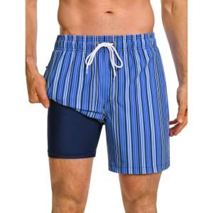 image:imageSILKWORLD Mens Swim Trunks Quick Dry Compression Liner 2 in 1 Shorts Men SwimsuitBlue Black Vertical Stripes