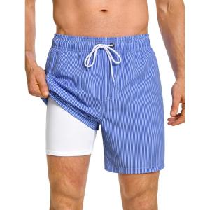 image:imageSILKWORLD Mens Swim Trunks Quick Dry Compression Liner 2 in 1 Shorts Men SwimsuitBlue Vertical Stripes