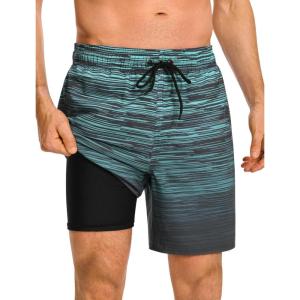 image:imageSILKWORLD Mens Swim Trunks Quick Dry Compression Liner 2 in 1 Shorts Men SwimsuitGreen Gray Gradient