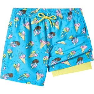 image:imageSILKWORLD Boys Swim Trunks with Compression Liner Bathing Suit Quick Dry Swim Shorts Kids Swimsuits 516 YearsBlue Yellow Ice Cream