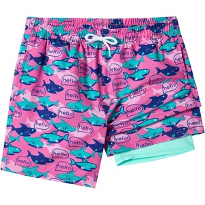 image:imageSILKWORLD Boys Swim Trunks with Compression Liner Quick Dry Bathing Suit NoChafing Swimming Shorts for Kids Swimwear 5T16YPink Shark