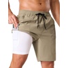 image:imageSILKWORLD Mens Swim Trunks with Compression Liner 9 Inch QuickDry Bathing Suit Beach Cargo Shorts with Zipper PocketsKhaki