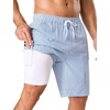 image:imageSILKWORLD Mens Swim Trunks with Compression Liner 9 Inch QuickDry Bathing Suit Beach Cargo Shorts with Zipper PocketsLight Blue Stripes
