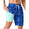 image:imageSILKWORLD Mens Swim Trunks with Compression Liner 9 Inch QuickDry Bathing Suit Beach Cargo Shorts with Zipper PocketsNavy Leaf Print