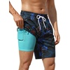 image:imageSILKWORLD Mens Swim Trunks with Compression Liner 9 Inch QuickDry Bathing Suit Beach Cargo Shorts with Zipper PocketsP01navy Blue Leaf