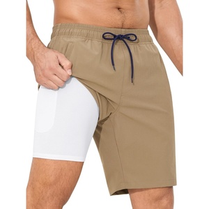 image:imageSILKWORLD Mens Swim Trunks with Compression Liner 9 Inch QuickDry Bathing Suit Beach Cargo Shorts with Zipper PocketsA07khaki