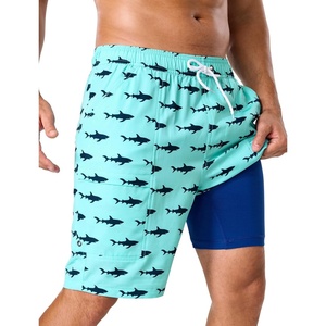 image:imageSILKWORLD Mens Swim Trunks with Compression Liner 9 Inch QuickDry Bathing Suit Beach Cargo Shorts with Zipper PocketsAqua Fish Pattern