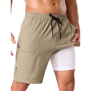 image:imageSILKWORLD Mens Swim Trunks with Compression Liner 9 Inch QuickDry Bathing Suit Beach Cargo Shorts with Zipper PocketsKhaki